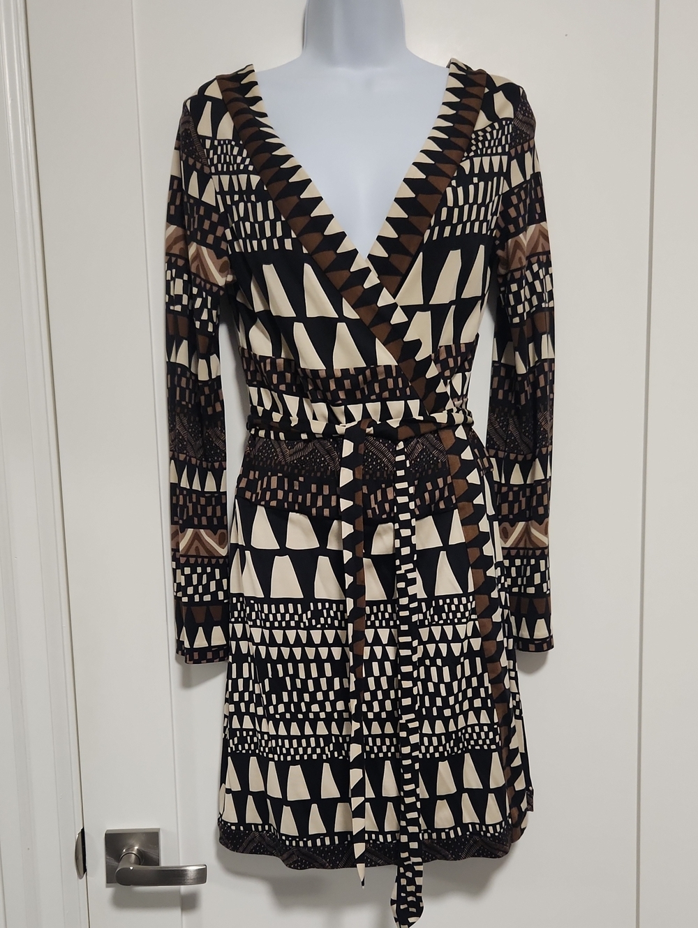 DVF Wrap Dress in Black, Brown & Cream Geometric Print